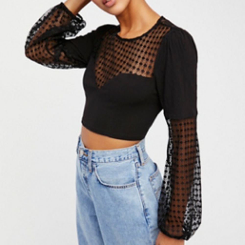 Free People Sweetheart Black Long Sleeve Crop Top